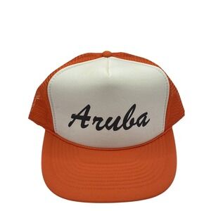 Vintage Nissun Aruba Trucker Hat Orange White Mesh Snapback Cap 90s Souvenir